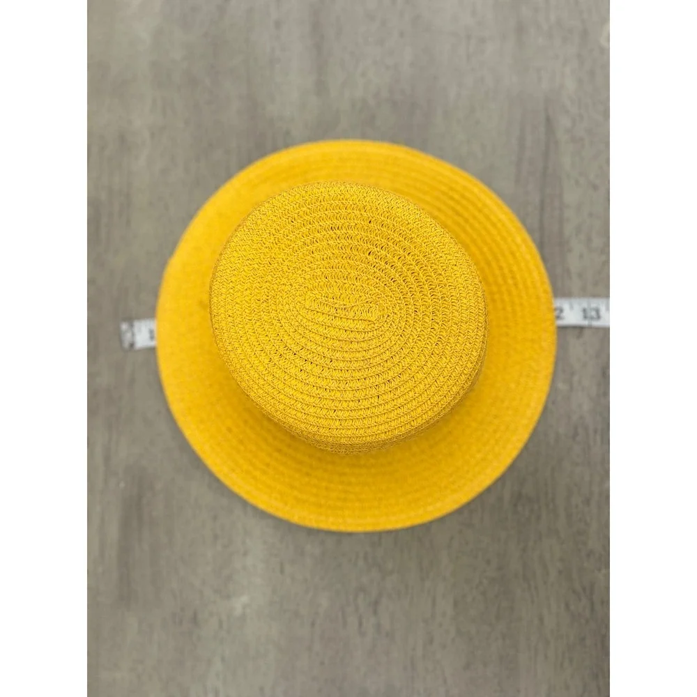 Yellow Straw Sun Hat Kids Boater Flat Top Cottagecore Coastal Y2K